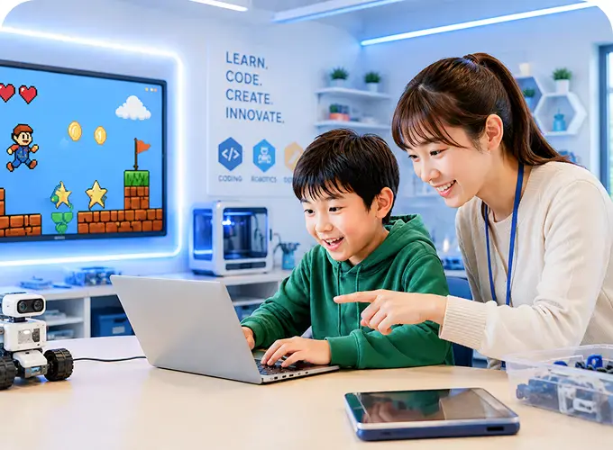 ゲーム制作を学ぶ子どもと講師